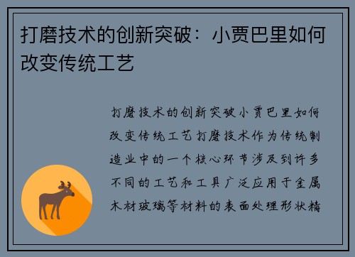 打磨技术的创新突破：小贾巴里如何改变传统工艺