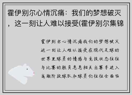 霍伊别尔心情沉痛：我们的梦想破灭，这一刻让人难以接受(霍伊别尔集锦)