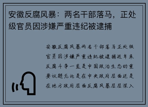安徽反腐风暴：两名干部落马，正处级官员因涉嫌严重违纪被逮捕