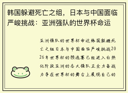 韩国躲避死亡之组，日本与中国面临严峻挑战：亚洲强队的世界杯命运